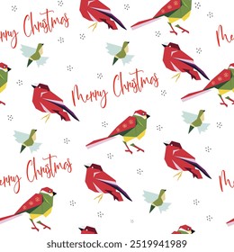 Geometric Christmas Birds Pattern. Colorful geometric Christmas birds seamless pattern for festive holiday decor and design