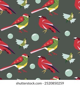 Geometric Christmas Birds Pattern. Colorful geometric Christmas birds seamless pattern for festive holiday decor and design