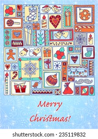 Geometric christmas doodle hand drawn pattern. Template design for card with set of bells, christmas tree, sweets, candles, snowflakes, gifts and hearts in rectangle frames. Colorful background.