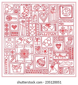 Geometric christmas doodle hand drawn pattern. Template design for card with set of bells, christmas tree, sweets, candles, citrus, snowflakes, gifts and hearts in rectangle frames. Red background.