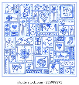 Geometric christmas doodle hand drawn pattern. Template design for card with set of bells, christmas tree, sweets, candles, citrus, snowflakes, gifts and hearts in rectangle frames. Blue background.