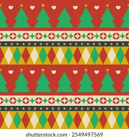 Geometric Christmas elements seamless striped pattern background. Repeated texture with New Year for fabric, wrapping, textile, wallpaper, card, paper gift, phone case, stationery.