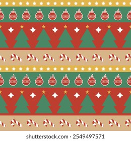 Geometrische Weihnachtselemente nahtlos gestreifte Muster Hintergrund. Wiederholte Textur mit Neujahr für Stoff, Verpackung, Textil, Tapete, Karte, Papiergeschenk, Handyhülle, Schreibwaren.