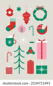 Geometric Christmas elements set with Christmas decorations, holiday gifts, winter elements, candles, Christmas tree, Santa , abstract Christmas and New Year decor, balls, snowflake.