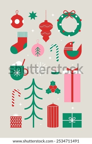 Geometric Christmas elements set with Christmas decorations, holiday gifts, winter elements, candles, Christmas tree, Santa , abstract Christmas and New Year decor, balls, snowflake.