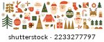 Geometric Christmas elements set with mosaic geometric Santa character, rabbit, Christmas tree, gifts, abstract Christmas and New Year decor, balls, snowflakes, minimalist shapes. Vector illustration