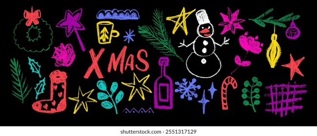 Conjunto de Elementos de Navidades geométricas con forma geométrica de mosaico, conejo, árbol de Navidad, regalos, Navidades abstractas y decoración de año Nuevo, estrellas, cuadrícula, copos de nieve, Formas minimalistas. Ilustración vectorial