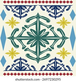 Padrão contínuo floral de Natal geométrico em tons de ouro vermelho-marinho verde com formas de estilo floco de neve simétrico. Design de luxo adequado para têxteis, cartões, embalagem de inverno, decoração, bordados