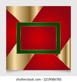 Geometric Christmas Frame In Festive Gold, Red And Green Colors. Golden Shiny Glowing Blank Rectangle Border. Winter Holidays Vibrant Background With Copy Space.