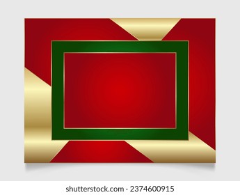 Geometric Christmas frame in festive gold, red and green colors. Golden shiny glowing blank rectangle border. Winter holidays vibrant background with copy space.