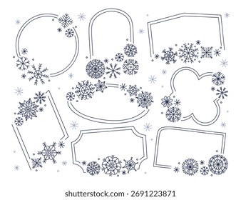 Quadros de Natal geométricos ajustados adornados com flocos de neve intrincados criando elegante borda de inverno. Cartões comemorativos de férias, convites de eventos festivos ilustração vetor de design de Ano Novo tradicional