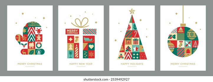 Cartões de Natal geométricos. Feliz Natal e Ano Novo ícones de mosaico abstratos modernos. Árvore de Natal, ornamento de Natal e caixa de presente. Conjunto de ilustrações vetoriais.