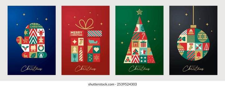 Geometric Christmas greeting cards. Merry Christmas and New Year modern abstract mosaic icons. Christmas tree, Christmas ornament and gift box. Vector illustration set.