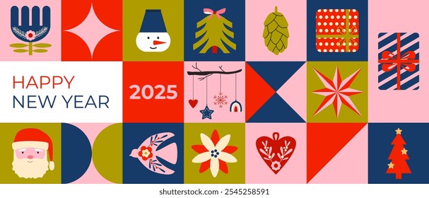 Fondo Horizontal de Navidades geométricas con texto. Tarjeta de felicitación 2025. Navidades festivas e íconos del año Nuevo. Mosaico. Patrón vintage retro, Anuncio, telón de fondo, papel de regalo.