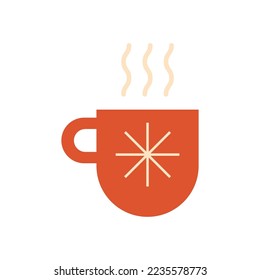 Geometric Christmas hot drink element isolated vector. Winter holiday red cup of tea, coffee, cocoa in simple flat style. Minimalist New Year decorative illustration.