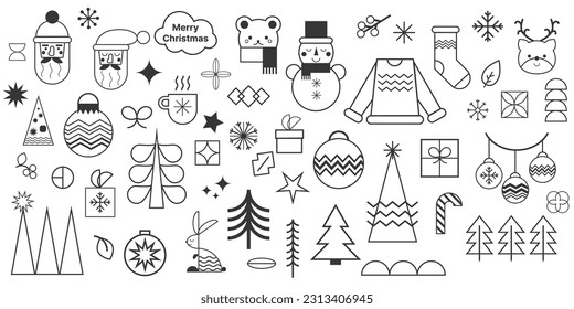 Geometric Christmas icons set. Mosaic geometric Santa face, deer, snowman, Christmas tree, gifts. Abstract New Year isolated elements. Winter holiday decor, balls, snowflakes. Vector illustration