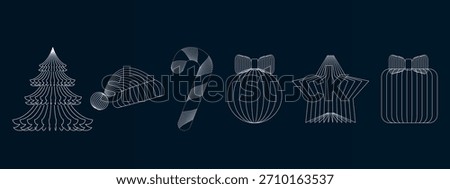 Geometric Christmas line elements, tree, gift, Santa hat, vector