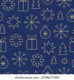 Padrão geométrico de Natal minimalista sem emenda. Trendy abstrato fundo suíço. Cores dourada e azul escuro. Ilustração vetorial