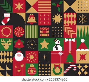 Geometric Christmas motifs like trees, snowflakes, and stars in Scandinavian style. Ideal for patterns, holiday decor, and festive projects.