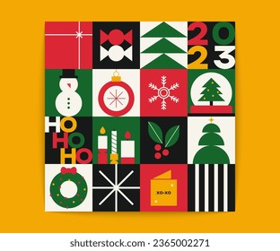 Geometric Christmas pattern. Abstract minimalist New year card, simple mosaic tiles for holiday decoration poster. Vector illustration