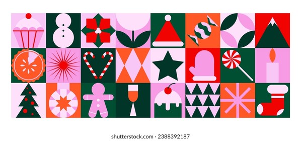 Geometric Christmas pattern. Abstract minimalist New year background with simple shapes, holiday decoration banner. Vector art