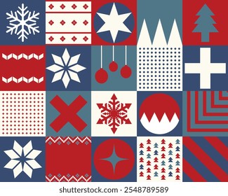 Geometric Christmas pattern design with a red, blue, and white color scheme, featuring snowflakes, trees, ornaments, and modern decorative elements in a minimalist style.

