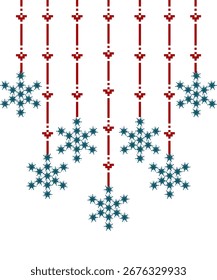 Patrón de Navidades geométricas con copos de nieve azules que cuelgan de las cuerdas rojas del pixel-estilo con los detalles del corazón en un fondo blanco