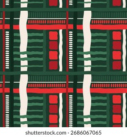 Patrón de Navidades geométricas. Navidades alegres revisadas, patrón inconsútil a cuadros. Patrón de Navidad con Formas geométricas Abstractas en Colores verdes, rojos y beige