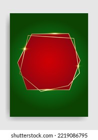 Geometric Christmas polygonal frame in festive gold, red and green colors. Golden shiny glowing blank border. Winter holidays vibrant background with copy space.