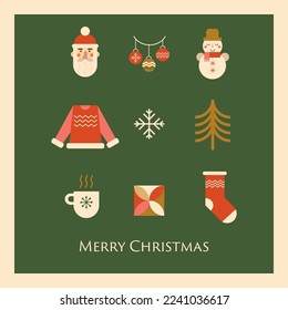 Geometric Christmas poster from simple geometric icons - Santa, ugly sweater, Christmas tree, ball, Snowman, snowflake. Red, green and gold geometric background. Winter holiday vector illustration