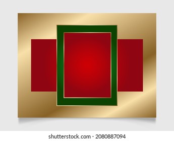 Geometric Christmas rectangle frame in festive gold, red and green colors. Golden shiny glowing blank border. Winter holidays vibrant background with copy space.