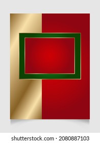 Geometric Christmas rectangle frame in festive gold, red and green colors. Golden shiny glowing blank border. Winter holidays vibrant background with copy space.