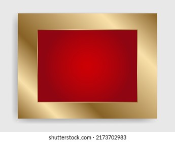 Geometric Christmas rectangle frame in festive gold and red. Golden shiny glowing blank border. Winter holidays vibrant background with copy space.