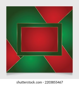 Geometric Christmas rectangle frame in festive gold, red and green colors. Golden shiny glowing blank border. Winter holidays vibrant background with copy space.