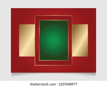 Geometric Christmas rectangle frame in festive gold, red and green colors. Golden shiny glowing blank border. Winter holidays vibrant background with copy space.