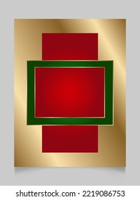 Geometric Christmas Rectangle Frame In Festive Gold, Red And Green Colors. Golden Shiny Glowing Blank Border. Winter Holidays Vibrant Background With Copy Space.