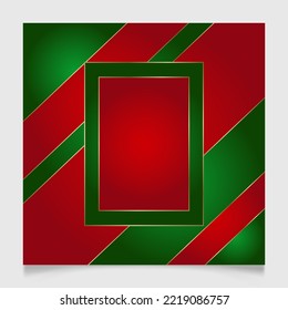 Geometric Christmas Rectangle Frame In Festive Gold, Red And Green Colors. Golden Shiny Glowing Blank Border. Winter Holidays Vibrant Background With Copy Space.