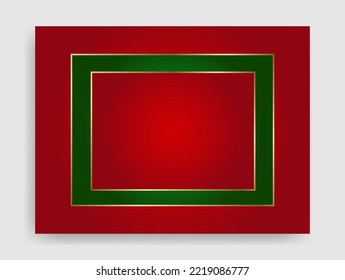 Geometric Christmas Rectangle Frame In Festive Gold, Red And Green Colors. Golden Shiny Glowing Blank Border. Winter Holidays Vibrant Background With Copy Space.