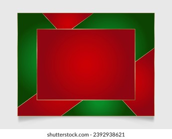 Rectángulo de Navidad geométrico en oro festivo, rojo y verde. Borde blanco brillante dorado. Invierno vibrante fondo con espacio para copiar.