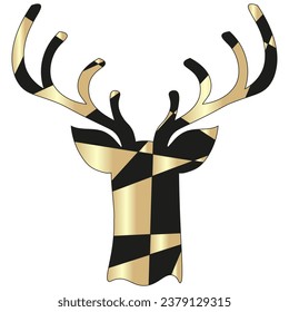 Geometric Christmas Reindeer silhouette isolated transparent background. Creative Deer head in trendy y2k style with pieces of puzzle. Vector illustration. Design t-shirt print.