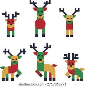 Geometric Christmas Reindeer Vector Set – Multiple Poses in Vibrant Festive Colors