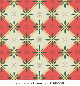 Geometric Christmas repeat pattern of diamond grid with rosette flowers, rhombuses and stripes in red. green and beige colour. Minimalist festive lattice background for gift wrap and decoration.