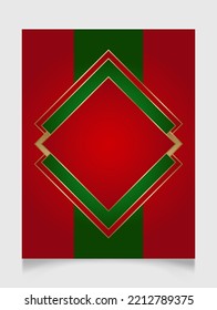 Geometric Christmas rhombus frame in festive gold, red and green colors. Golden shiny glowing blank border. Winter holidays vibrant background with copy space.