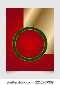 Geometric Christmas round frame in festive gold, red and green colors. Golden shiny glowing blank border. Winter holidays vibrant background with copy space.