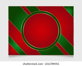 Geometric Christmas round frame in festive gold, red and green colors. Golden shiny glowing blank border. Winter holidays vibrant background with copy space.