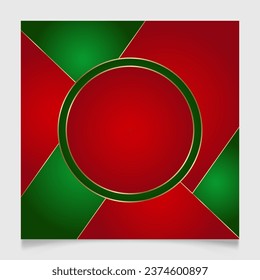 Geometric Christmas round frame in festive gold, red and green colors. Golden shiny glowing blank border. Winter holidays vibrant background with copy space.