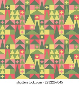 Geometric Christmas seamless pattern abstract modern funky design orange red pink yellow green color for holiday celebration decoration wallpaper background paper textile cards web tree globes shape
