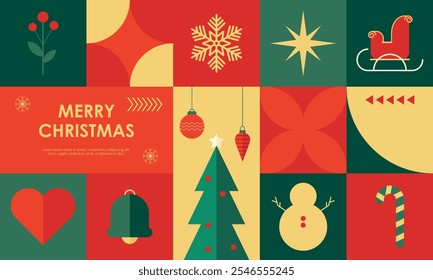 Geometric Christmas Seamless Pattern with Christmas Flat Icons Elements for Wrapping Paper, Background, or Wallpaper