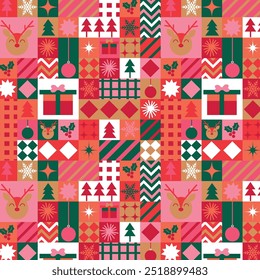 Geometric Christmas seamless pattern with gifts, trees, ornaments, and reindeer in festive red, pink, and green — modern holiday design for wrapping paper, fabric, wallpaper, and seasonal decor