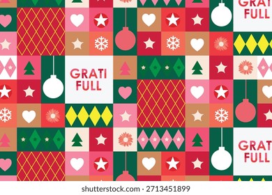 Geometrisches, nahtloses Weihnachtsmuster mit Geschenken, Bäumen, Ornamenten und Rentieren in festlichem Rot, Rosa und Grün - modernes Urlaubsdesign zum Verpacken von Papier, Stoff, Tapeten und saisonalem Dekor